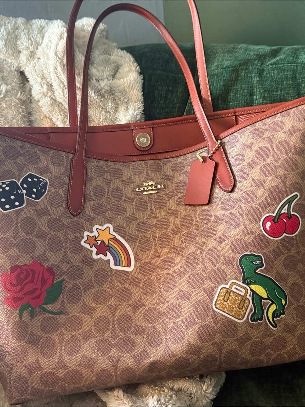Coach Brown Signature Canvas Tote with Red Leather Trim and Patch Details